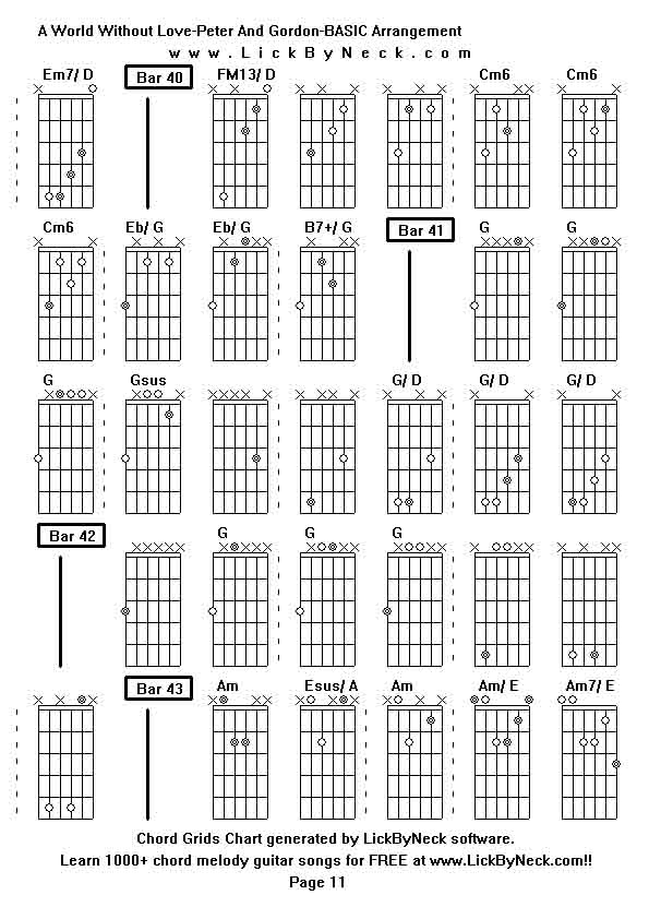 Chord Grids Chart of chord melody fingerstyle guitar song-A World Without Love-Peter And Gordon-BASIC Arrangement,generated by LickByNeck software.